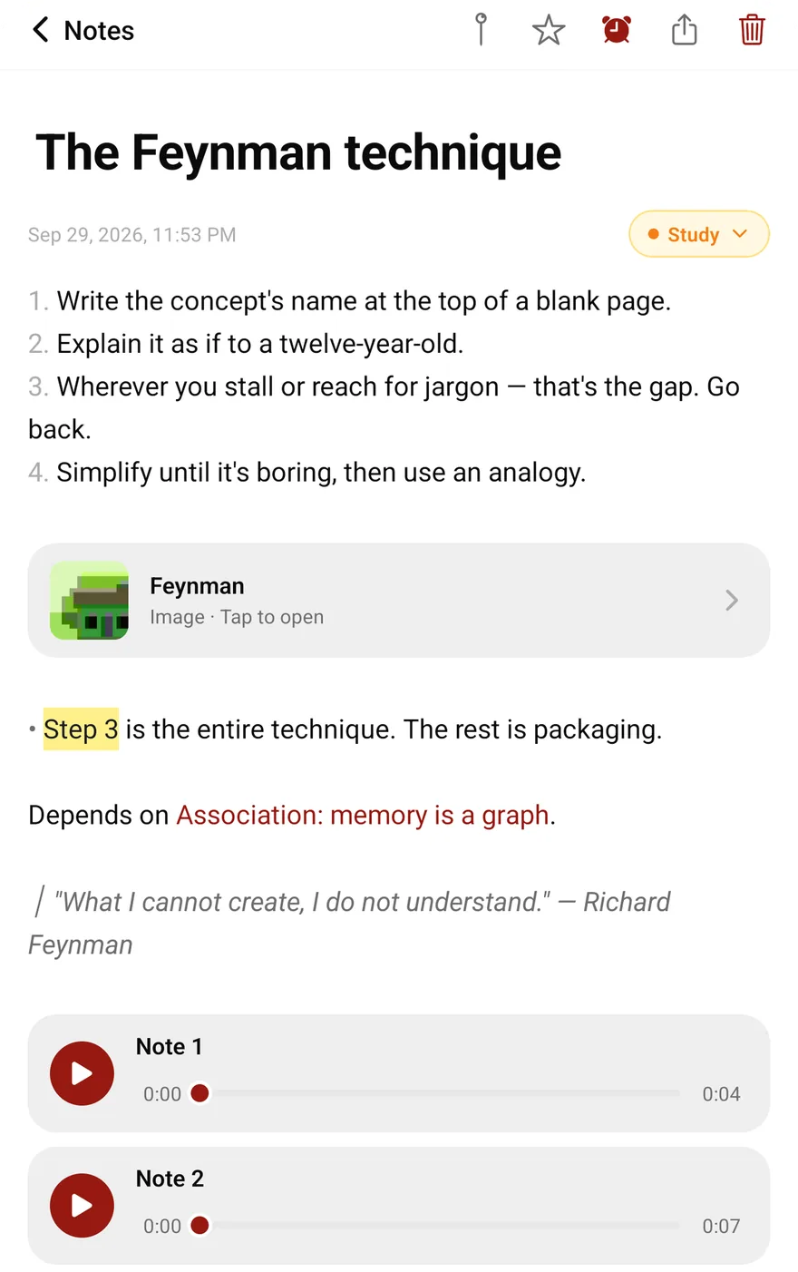 A note called The Feynman technique, holding a numbered list, an attached image, a link to another note, a quotation and two voice recordings.