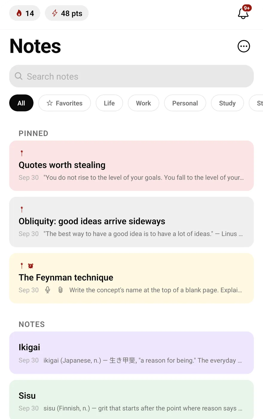 The Podsage notes list. Three pinned notes sit at the top, each tinted by its category, under a search bar and filters for Favourites, Life, Work, Personal and Study.