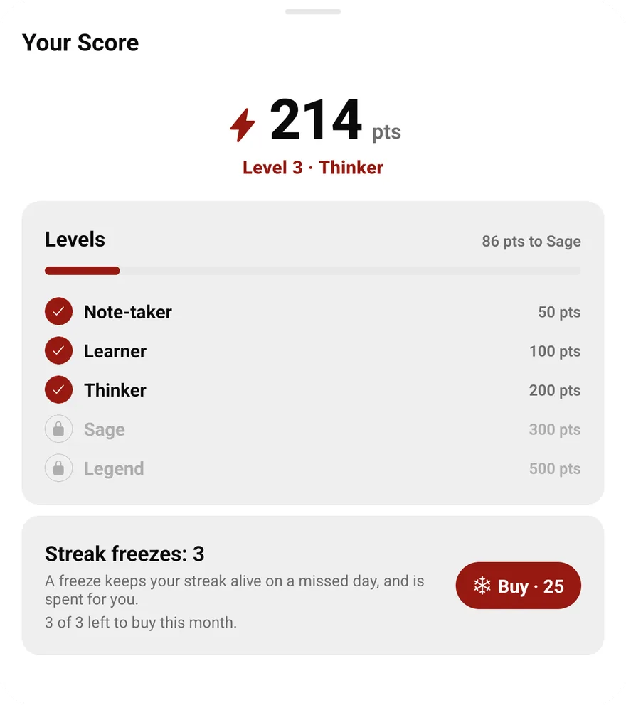 The score sheet at 214 points, level 3, Thinker. Note-taker, Learner and Thinker are ticked off; Sage and Legend are still locked.